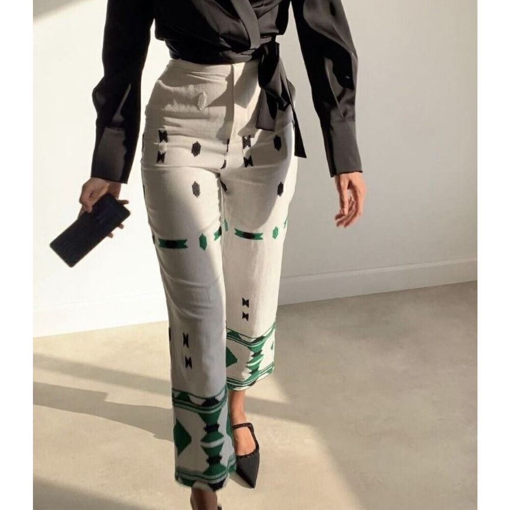 NWT Zara White Green Geometric Flat Front Embroidered Lined Trouser Pants Medium